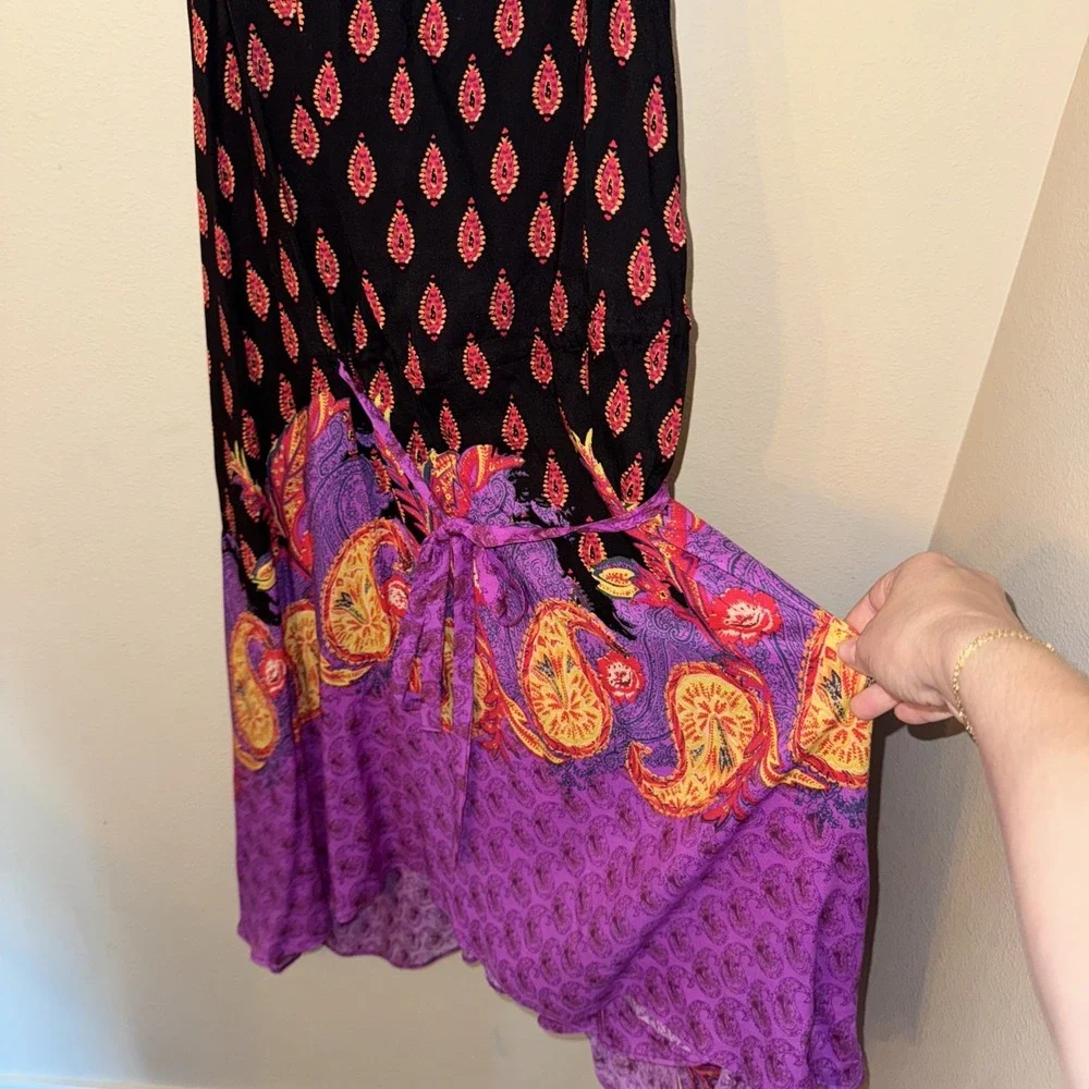 Free People Rendezvous Tank Slip Dress Women Large Black Purple Paisley OB646297
